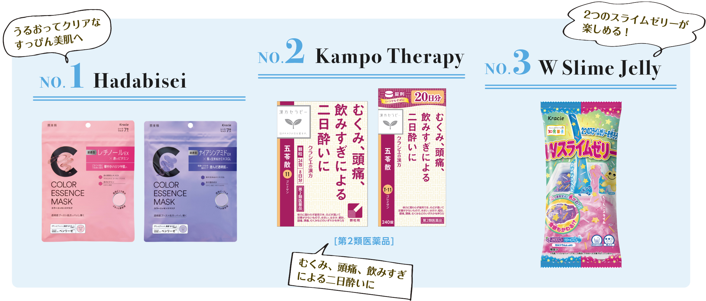 NO.1 Hadabisei NO.2 Kampo　Therapy NO.3 W Slime Jelly