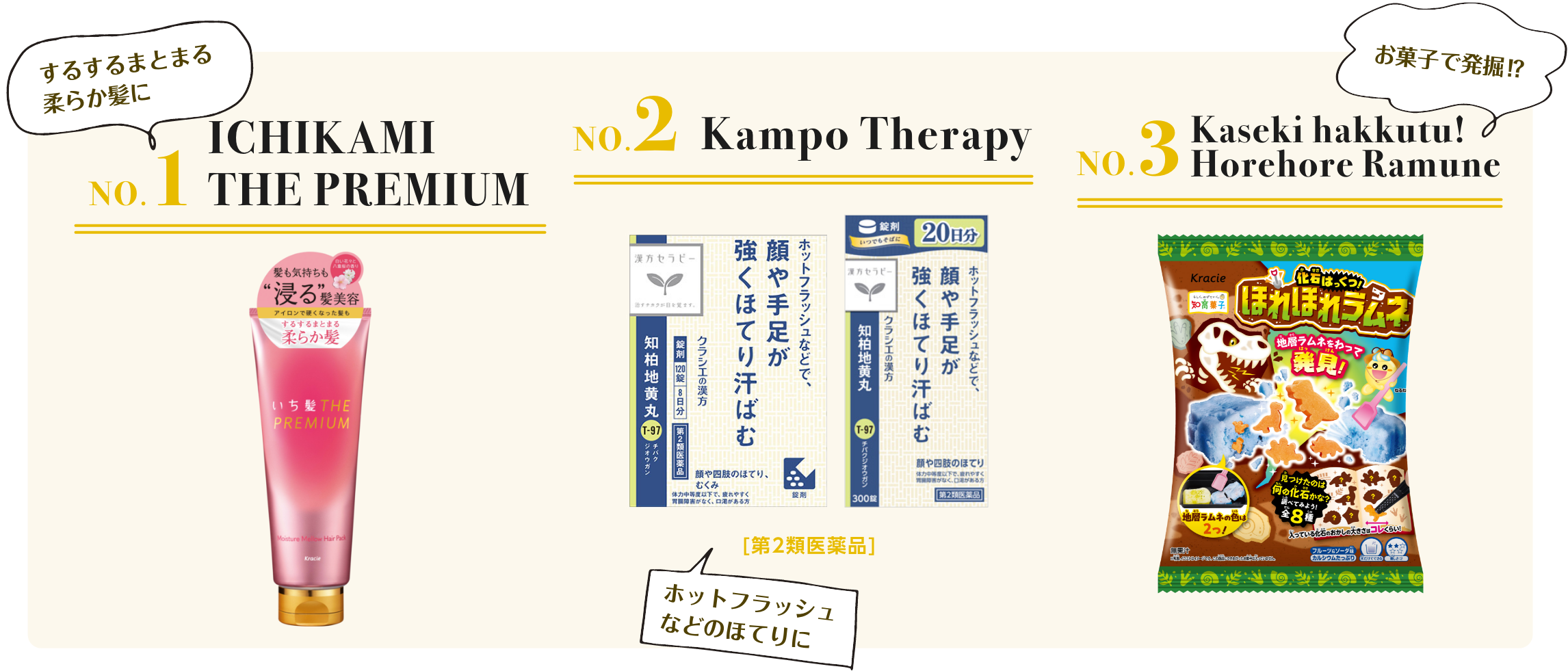 NO.1 ICHIKAMI THE PREMIUM NO.2 Kampo Therapy NO.3 Kaseki hakkutu! Horehore Ramune