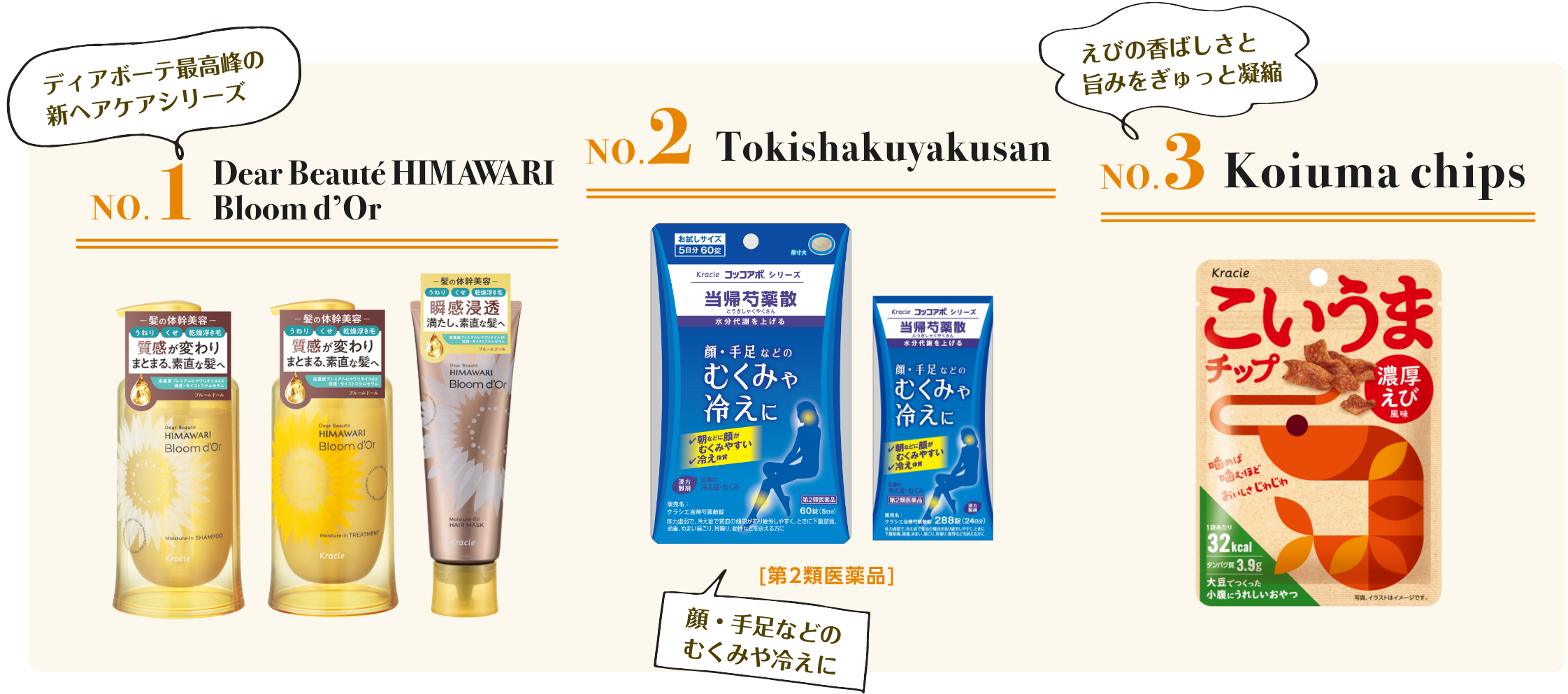 NO.1 Dear Beauté HIMAWARI Bloom d’Or NO.2 Tokishakuyakusan NO.3 Koiuma chips
