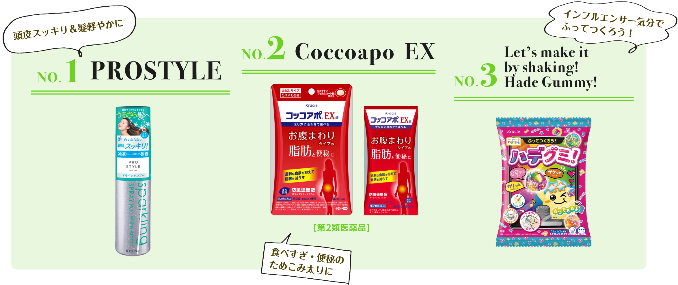 NO.1 PROSTYLE NO.2 Coccoapo　EX NO.3 Let's make it by shaking! Hade Gummy!