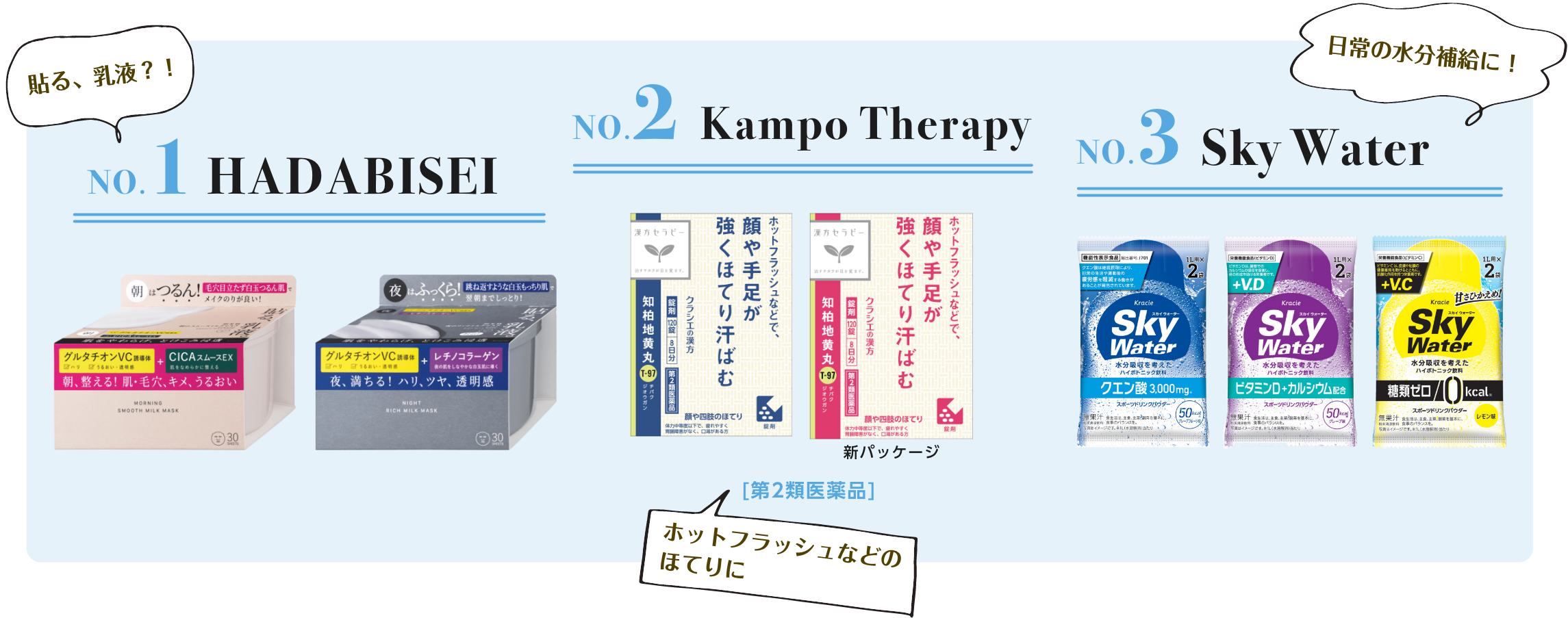 NO.1 HADABISEI NO.2 Kampo Therapy NO.3 Sky Water