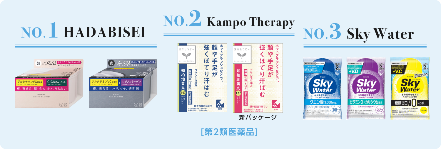 NO.1 HADABISEI NO.2 Kampo Therapy NO.3 Sky Water