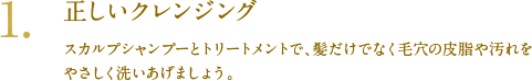 1.正しいクレンジング スカルプシャンプーとトリートメントで、髪だけでなく毛穴の皮脂や汚れをやさしく洗いあげましょう。