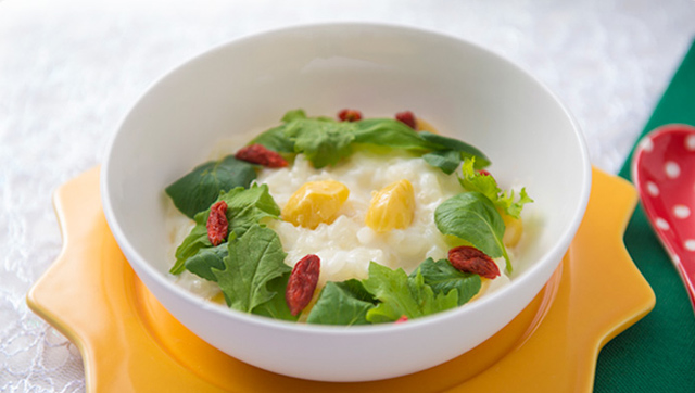 杏仁霜と銀杏を使った、あったか粥で体の芯からポカポカ！　咳、鼻水の症状があるお子様に食べさせてあげたい、おいしいお粥の作り方。