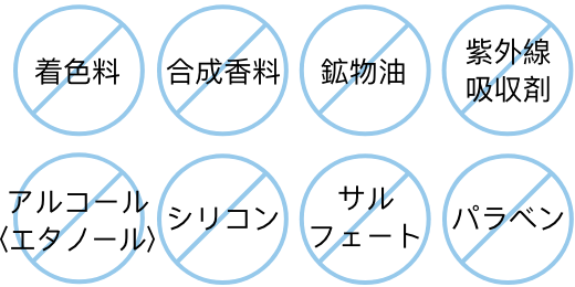 着色料 合成香料 鉱物油 紫外線吸収剤 アルコール〈エタノール〉 シリコン サルフェート パラベン
