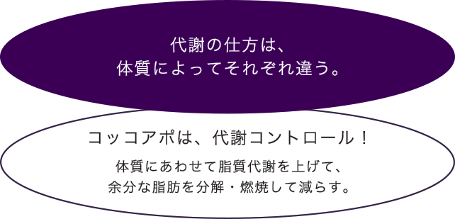 代謝の仕方は、体質によってそれぞれ違う。コッコアポは、代謝コントロール！