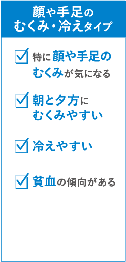 むくみ・冷えタイプ　特に顔や手足のむくみがきになる　朝と夕方にむくみやすい　冷えやすい　貧血の傾向がある