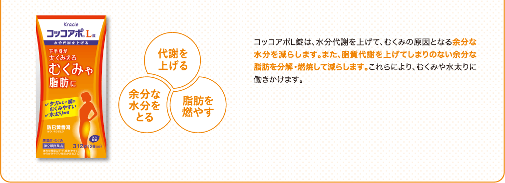 コッコアポL錠は、水分代謝を上げて、むくみの原因となる余分な水分を減らします。また、脂質代謝を上げてしまりのない余分な脂肪を分解・燃焼して減らします。これらにより、むくみや水太りに働きかけます。代謝を上げる　余分な水分をとる　脂肪を燃やす