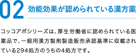 02 効能効果が認められている漢方薬 コッコアポシリーズは、厚生労働省に認められている医薬品で、一般用漢方製剤製造販売承認基準に収載されている294処方のうちの4処方です。