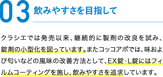 03 飲みやすさを目指して クラシエでは発売以来、継続的に製剤の改良を試み、錠剤の小型化を図っています。またコッコアポでは、味および匂いなどの風味の改善方法として、EX錠・L錠にはフィルムコーティングを施し、飲みやすさを追求しています。