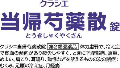 クラシエ当帰芍薬散錠  第2類医薬品  体力虚弱で、冷え症で貧血の傾向があり疲労しやすく、ときに下腹部痛、頭重、めまい、肩こり、耳鳴り、動悸などを訴えるものの次の諸症：むくみ、足腰の冷え症、月経痛