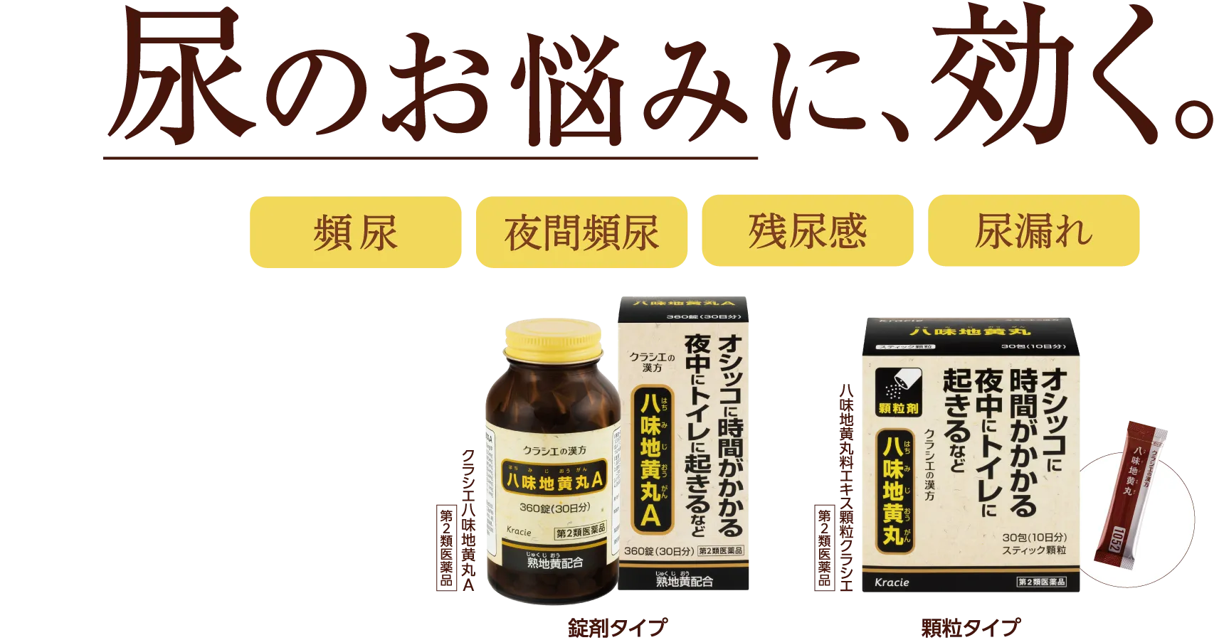 尿のお悩みに、効く。頻尿　夜間頻尿　残尿感　軽い尿漏れ　八味地黄丸A（はちみじおうがん）