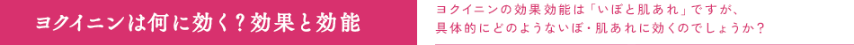 ヨクイニンは何に効く？効果と効能 ヨクイニンの効果効能は「いぼと肌あれ」ですが、具体的にどのようないぼ・肌あれに効くのでしょうか？