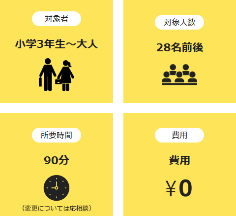 対象者：小学3年生～大人、対象人数：28名前後、所要時間：90分（変更については応相談）、費用：￥０