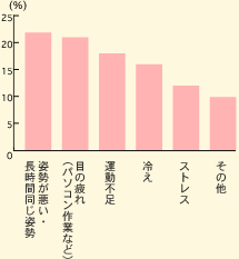 姿勢が悪い・長時間同じ姿勢 22% 目の疲れ(パソコン作業など) 21% 運動不足 18% 冷え 16% ストレス 12% その他 10%