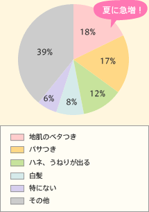 地肌のベタつき 18% パサつき 17% ハネ、うねりが出る 12% 白髪 8% 特にない 6% その他 39%