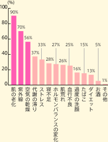 肌の老化90% 紫外線70% 空気の乾燥56% 代謝の滞り37% ストレス33% 寝不足28% ホルモンバランスの変化 27% 肌荒れ26% 血行不良25% 過度の洗顔16% たばこ15% ダイエット13% お酒5% その他1%