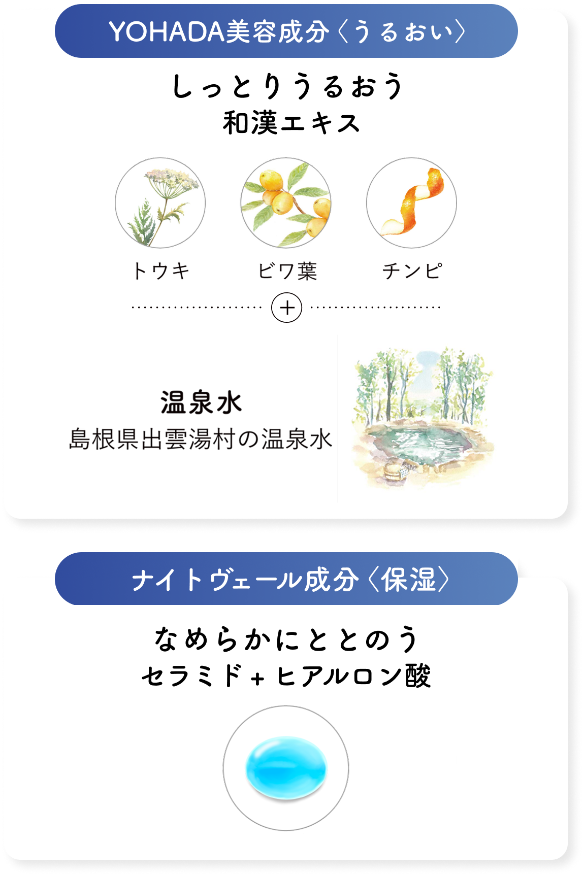 YOHADA美容成分〈うるおい〉しっとりうるおう和漢エキス（トウキ、ビワ葉、チンピ）温泉水 島根県出雲湯村の温泉水 ナイトヴェール成分〈保湿〉なめらかにととのう セラミド + ヒアルロン酸